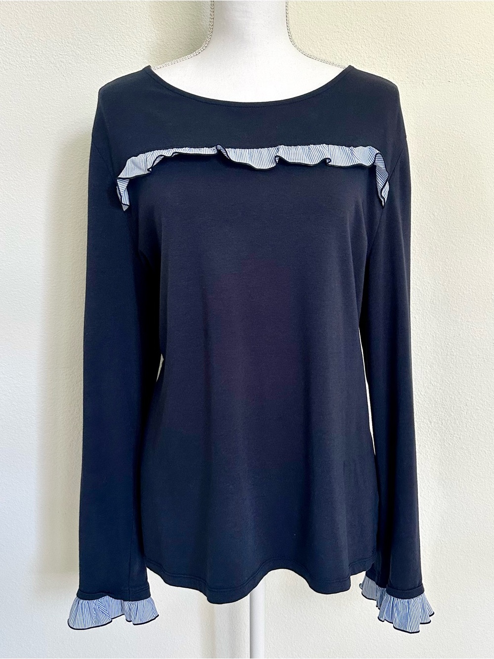 Talbots Navy Blue and White Ruffle Top Size XL